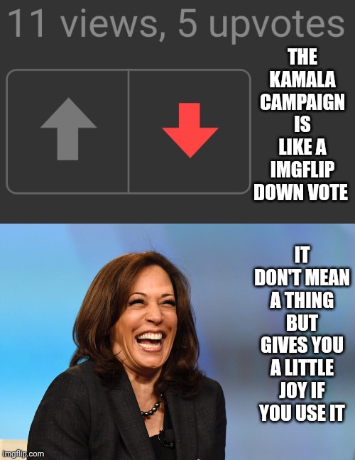 THE KAMALA CAMPAIGN IS LIKE A IMGFLIP DOWN VOTE; IT DON'T MEAN A THING BUT GIVES YOU A LITTLE JOY IF YOU USE IT | image tagged in kamala harris laughing | made w/ Imgflip meme maker