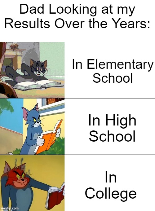 "You're a Disappointment..." | Dad Looking at my Results Over the Years:; In Elementary School; In High School; In College | image tagged in funny,memes,funny memes,tom and jerry,school,report card | made w/ Imgflip meme maker