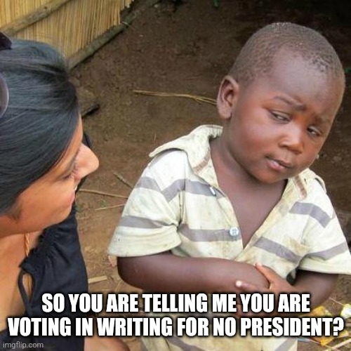 Third World Skeptical Kid Meme | SO YOU ARE TELLING ME YOU ARE VOTING IN WRITING FOR NO PRESIDENT? | image tagged in memes,third world skeptical kid | made w/ Imgflip meme maker