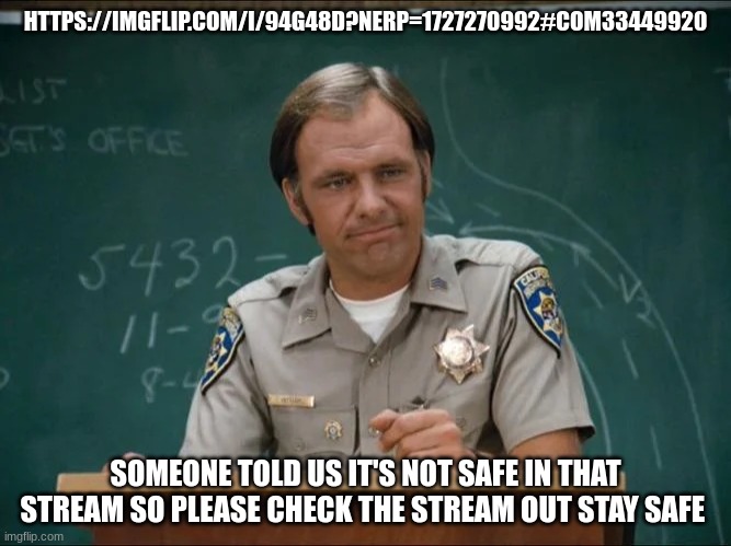 sgt getraer chips | HTTPS://IMGFLIP.COM/I/94G48D?NERP=1727270992#COM33449920; SOMEONE TOLD US IT'S NOT SAFE IN THAT STREAM SO PLEASE CHECK THE STREAM OUT STAY SAFE | image tagged in sgt getraer chips | made w/ Imgflip meme maker