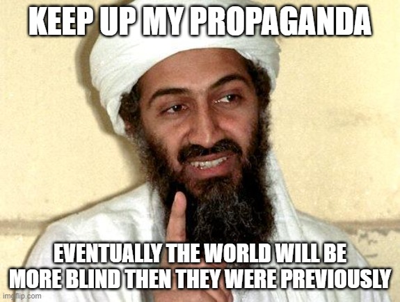 Manty pro Palestinians keep Osama bin Ladens propaganda alive | KEEP UP MY PROPAGANDA; EVENTUALLY THE WORLD WILL BE MORE BLIND THEN THEY WERE PREVIOUSLY | image tagged in osama bin laden | made w/ Imgflip meme maker