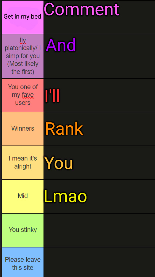 Neko new tier list | Comment; Get in my bed; And; I'll; Rank; You; Lmao | image tagged in neko new tier list | made w/ Imgflip meme maker