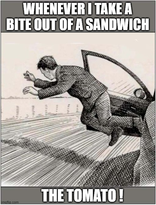 Everytime ! | WHENEVER I TAKE A BITE OUT OF A SANDWICH; THE TOMATO ! | image tagged in sandwich,tomato,falling | made w/ Imgflip meme maker