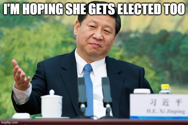 Xi Jinping | I'M HOPING SHE GETS ELECTED TOO | image tagged in xi jinping | made w/ Imgflip meme maker