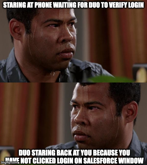 DUO troubles | STARING AT PHONE WAITING FOR DUO TO VERIFY LOGIN; DUO STARING BACK AT YOU BECAUSE YOU HAVE NOT CLICKED LOGIN ON SALESFORCE WINDOW | image tagged in sweating bullets | made w/ Imgflip meme maker