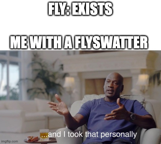 Bred | FLY: EXISTS; ME WITH A FLYSWATTER | image tagged in and i took that personally,fun | made w/ Imgflip meme maker