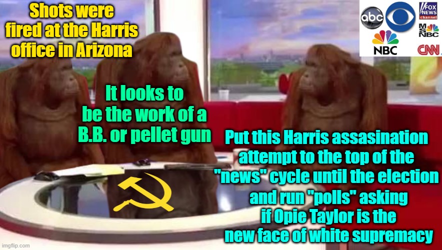 America needs BB gun control | Shots were fired at the Harris office in Arizona; It looks to be the work of a B.B. or pellet gun; Put this Harris assasination attempt to the top of the "news" cycle until the election; and run "polls" asking if Opie Taylor is the new face of white supremacy | image tagged in trump,maga,kamala harris,election 2024,shots fired | made w/ Imgflip meme maker