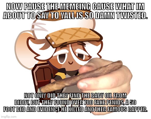 smore cookie with a blunt | NOW PAUSE THE MEMEING CAUSE WHAT IM ABOUT TO SAY TO YALL IS SO DAMN TWISTED. NOT ONLY DID THEY FIND THE BABY OIL FROM DIDDY, BUT THEY FOUND OVER 700 FAKE PENIDS, A 50 FOOT BED AND EVIDENCE HE KILLED ANOTHER FAMOUS RAPPER. | image tagged in smore cookie with a blunt | made w/ Imgflip meme maker