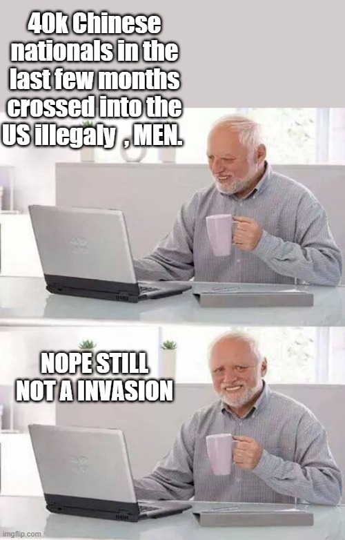 YOU speak Chinesse | 40k Chinese nationals in the last few months crossed into the US illegaly  , MEN. NOPE STILL NOT A INVASION | image tagged in memes,hide the pain harold | made w/ Imgflip meme maker
