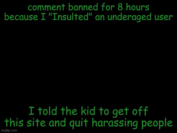 esco mayo's temp | comment banned for 8 hours because I "Insulted" an underaged user; I told the kid to get off this site and quit harassing people | image tagged in esco mayo's temp | made w/ Imgflip meme maker