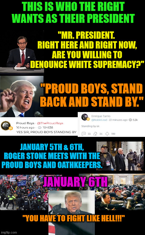 Apparantly, MAGA does not like it when we call Trump a "Threat to democracy." | THIS IS WHO THE RIGHT WANTS AS THEIR PRESIDENT; "MR. PRESIDENT.  RIGHT HERE AND RIGHT NOW, ARE YOU WILLING TO DENOUNCE WHITE SUPREMACY?"; "PROUD BOYS, STAND BACK AND STAND BY."; JANUARY 5TH & 6TH, ROGER STONE MEETS WITH THE PROUD BOYS AND OATHKEEPERS. JANUARY 6TH; "YOU HAVE TO FIGHT LIKE HELL!!!" | image tagged in insurrectio,coup,sedition,proud boys,oathkeepers | made w/ Imgflip meme maker