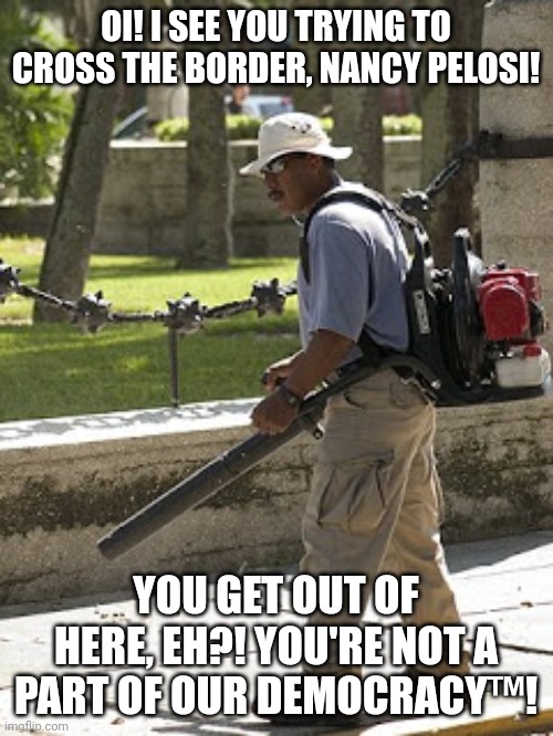 Leaf blower | OI! I SEE YOU TRYING TO CROSS THE BORDER, NANCY PELOSI! YOU GET OUT OF HERE, EH?! YOU'RE NOT A PART OF OUR DEMOCRACY™️! | image tagged in leaf blower | made w/ Imgflip meme maker