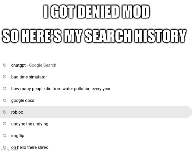 I GOT DENIED MOD; SO HERE'S MY SEARCH HISTORY | image tagged in blank white template | made w/ Imgflip meme maker