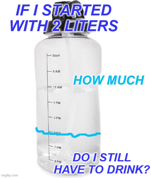 How many liters per hour? How many milliliters? | IF I STARTED WITH 2 LITERS; HOW MUCH; DO I STILL HAVE TO DRINK? | image tagged in tymedration jug,water,time,math,ratios,unit rate | made w/ Imgflip meme maker