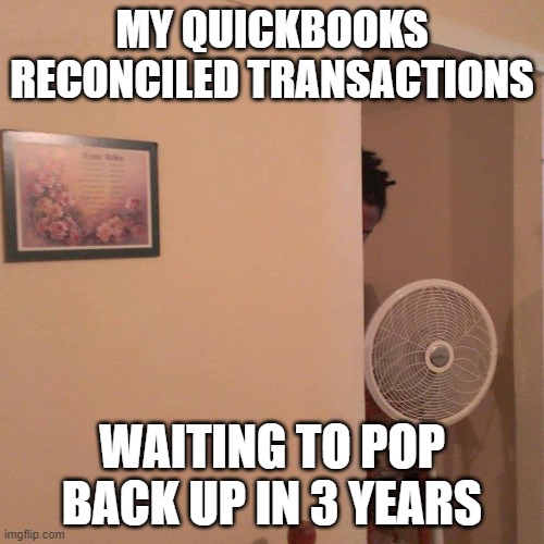 Quickbooks reconciled transactions | MY QUICKBOOKS RECONCILED TRANSACTIONS; WAITING TO POP BACK UP IN 3 YEARS | image tagged in the lurker | made w/ Imgflip meme maker