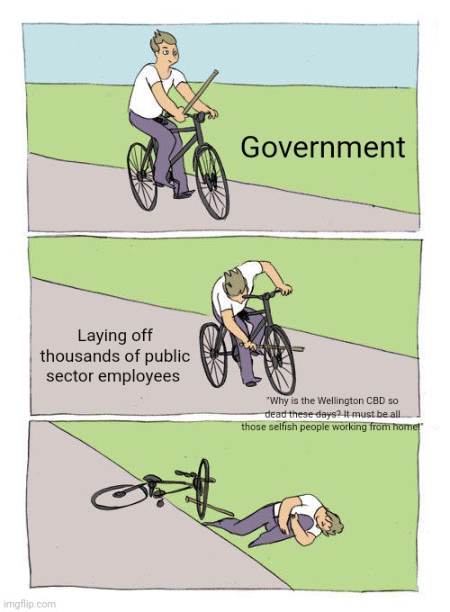 Bike Fall Meme | Government; Laying off thousands of public sector employees; "Why is the Wellington CBD so dead these days? It must be all those selfish people working from home!" | image tagged in memes,bike fall | made w/ Imgflip meme maker