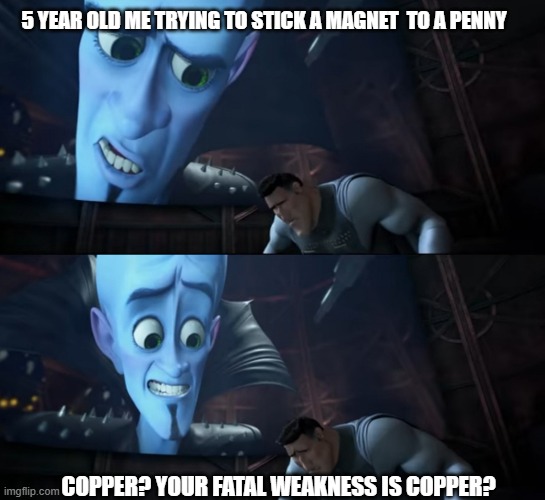 when you are young and stupid | 5 YEAR OLD ME TRYING TO STICK A MAGNET  TO A PENNY; COPPER? YOUR FATAL WEAKNESS IS COPPER? | image tagged in your weakness is copper your kidding right | made w/ Imgflip meme maker