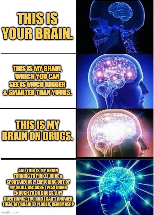 Exploding Brain | THIS IS YOUR BRAIN. THIS IS MY BRAIN, WHICH YOU CAN SEE IS MUCH BIGGER & SMARTER THAN YOURS. THIS IS MY BRAIN ON DRUGS. AND THIS IS MY BRAIN TURNING TO PICKLE JUICE & SPONTANEOUSLY EXPLODING OUT OF MY SKULL BECAUSE I WAS DUMB ENOUGH TO DO DRUGS. ANY QUESTIONS? TOO BAD I CAN'T ANSWER THEM. MY BRAIN EXPLODED, REMEMBER? | image tagged in memes,expanding brain | made w/ Imgflip meme maker