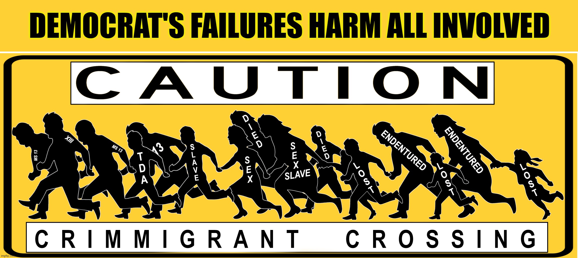 DEMOCRAT'S BORDER FAILURE - HARMS ALL. | DEMOCRAT'S FAILURES HARM ALL INVOLVED | image tagged in crimmigrant,sign,democrat,policy,harm,gangs | made w/ Imgflip meme maker