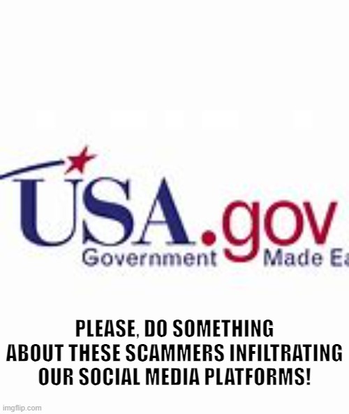 Take Scammers Oofline | PLEASE, DO SOMETHING ABOUT THESE SCAMMERS INFILTRATING OUR SOCIAL MEDIA PLATFORMS! | image tagged in usa government,scammers,scammer,online safety | made w/ Imgflip meme maker