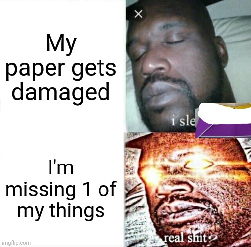 Sleeping Shaq Meme | My paper gets damaged; I'm missing 1 of my things | image tagged in memes,sleeping shaq | made w/ Imgflip meme maker