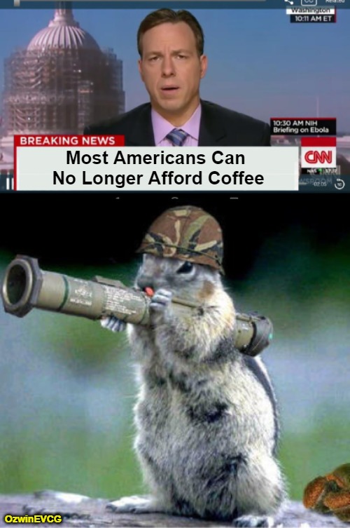 Money Shortages, Coffee Shortages | Most Americans Can 

No Longer Afford Coffee; OzwinEVCG | image tagged in memes,bazooka squirrel,coffee,inflation,be prepared,caffeine | made w/ Imgflip meme maker