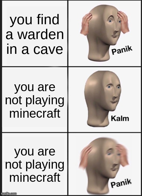 Panik Kalm Panik | you find a warden in a cave; you are not playing minecraft; you are not playing minecraft | image tagged in memes,panik kalm panik | made w/ Imgflip meme maker