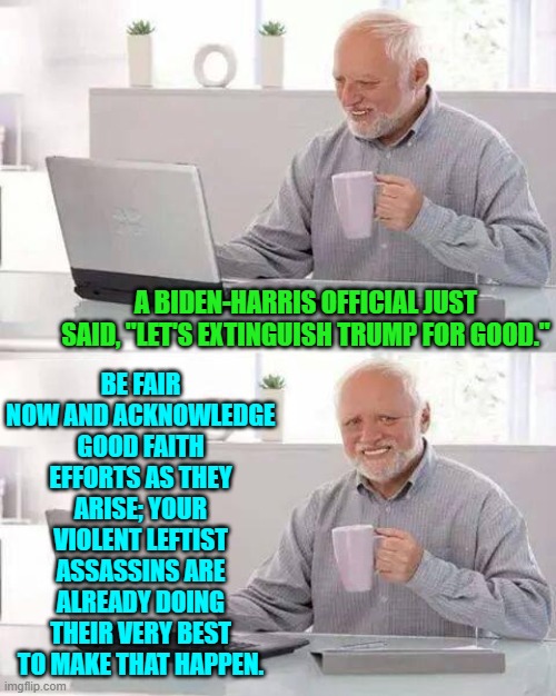 With a little bit of luck and an incompetent Secret Service . . . anything is possible! | BE FAIR NOW AND ACKNOWLEDGE GOOD FAITH EFFORTS AS THEY ARISE; YOUR VIOLENT LEFTIST ASSASSINS ARE ALREADY DOING THEIR VERY BEST TO MAKE THAT HAPPEN. A BIDEN-HARRIS OFFICIAL JUST SAID, "LET'S EXTINGUISH TRUMP FOR GOOD." | image tagged in hide the pain harold | made w/ Imgflip meme maker