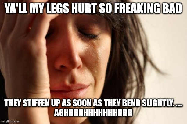 I'm whining cuz I can | YA'LL MY LEGS HURT SO FREAKING BAD; THEY STIFFEN UP AS SOON AS THEY BEND SLIGHTLY. ....
AGHHHHHHHHHHHHHH | image tagged in memes,first world problems | made w/ Imgflip meme maker