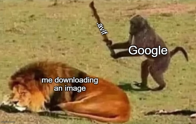 first WEBP, now this | .avif; Google; me downloading an image | image tagged in monkey preparing to hit a lion | made w/ Imgflip meme maker