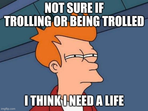 trolling definitely requires you to have a life | NOT SURE IF TROLLING OR BEING TROLLED; I THINK I NEED A LIFE | image tagged in memes,futurama fry | made w/ Imgflip meme maker