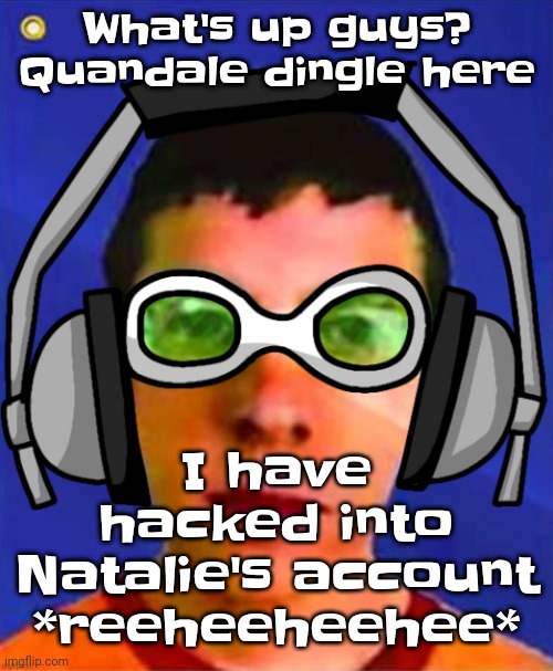 Spam sega with this until a new jsr game comes out | What's up guys? Quandale dingle here; I have hacked into Natalie's account *reeheeheehee* | image tagged in spam sega with this until a new jsr game comes out | made w/ Imgflip meme maker