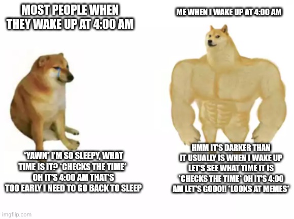 Comment what you do at 4:00 AM | ME WHEN I WAKE UP AT 4:00 AM; MOST PEOPLE WHEN THEY WAKE UP AT 4:00 AM; HMM IT'S DARKER THAN IT USUALLY IS WHEN I WAKE UP LET'S SEE WHAT TIME IT IS *CHECKS THE TIME* OH IT'S 4:00 AM LET'S GOOO!! *LOOKS AT MEMES*; *YAWN* I'M SO SLEEPY, WHAT TIME IS IT? *CHECKS THE TIME* 
OH IT'S 4:00 AM THAT'S TOO EARLY I NEED TO GO BACK TO SLEEP | image tagged in buff doge vs cheems reversed,wake up | made w/ Imgflip meme maker