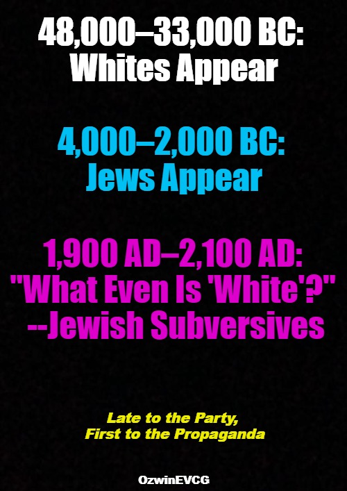 #EuropeanHistory #HumanSpecies #JewishHistory #FranzBoasConstrictors #AntiwhiteLogic #Subversion #OccupiedUSA #SpectersOfBarbara | 48,000–33,000 BC: 

Whites Appear; 4,000–2,000 BC: 

Jews Appear; 1,900 AD–2,100 AD: 

"What Even Is 'White'?" 

--Jewish Subversives; Late to the Party, 

First to the Propaganda; OzwinEVCG | image tagged in world occupied,robert sepehr youtube,late to the party but first to the propaganda,arthur kemp titans march | made w/ Imgflip meme maker