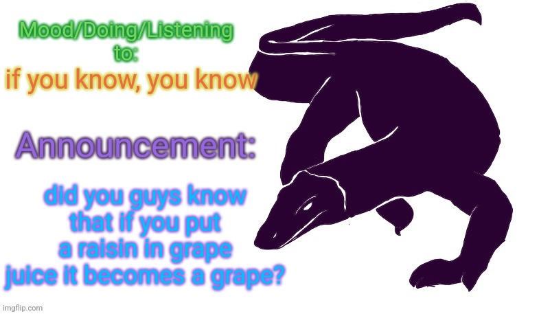 OTGW | if you know, you know; did you guys know that if you put a raisin in grape juice it becomes a grape? | image tagged in violet monitor anno temp | made w/ Imgflip meme maker