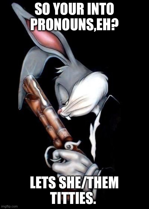Bugs bunny holding gun | SO YOUR INTO PRONOUNS,EH? LETS SHE/THEM TITTIES. | image tagged in bugs bunny holding gun | made w/ Imgflip meme maker