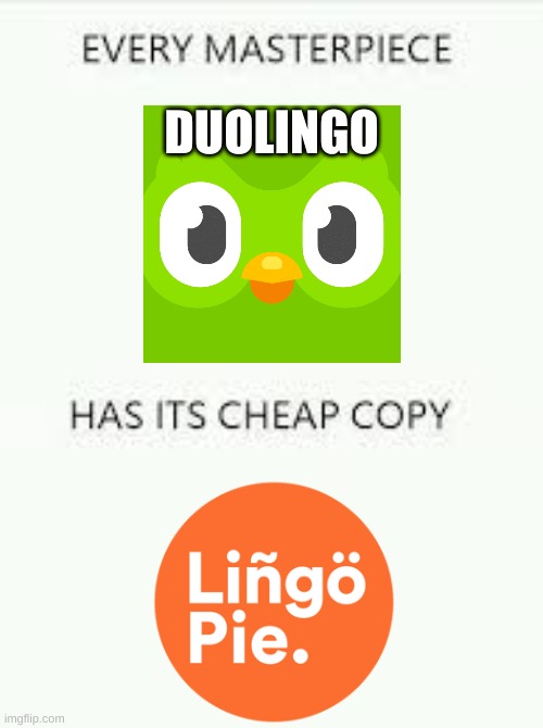 Every Masterpiece has its cheap copy | DUOLINGO | image tagged in every masterpiece has its cheap copy | made w/ Imgflip meme maker