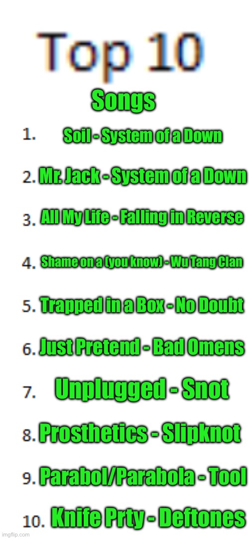 Top 10 List | Songs; Soil - System of a Down; Mr. Jack - System of a Down; All My Life - Falling in Reverse; Shame on a (you know) - Wu Tang Clan; Trapped in a Box - No Doubt; Just Pretend - Bad Omens; Unplugged - Snot; Prosthetics - Slipknot; Parabol/Parabola - Tool; Knife Prty - Deftones | image tagged in top 10 list | made w/ Imgflip meme maker