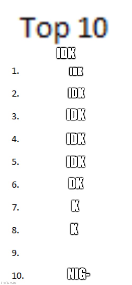 if I get struck down, I get struck down | IDK; IDK; IDK; IDK; IDK; IDK; DK; K; K; ‎; NIG- | image tagged in top 10 list | made w/ Imgflip meme maker