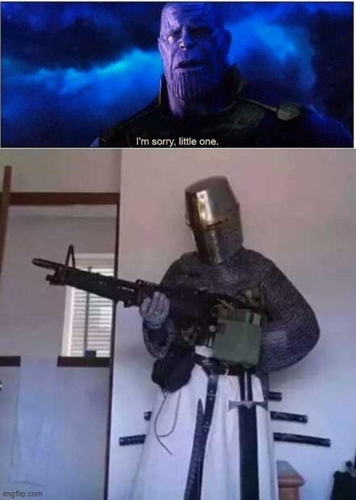 image tagged in thanos i'm sorry little one,crusader knight with m60 machine gun | made w/ Imgflip meme maker