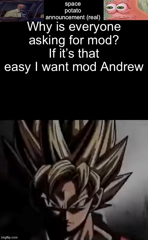 Mod | Why is everyone asking for mod? If it’s that easy I want mod Andrew | image tagged in space potato template fixed | made w/ Imgflip meme maker