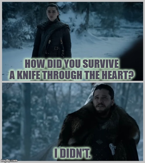 How did you survive a knife through the heart? | HOW DID YOU SURVIVE A KNIFE THROUGH THE HEART? I DIDN'T. | image tagged in how did you survive,arya and jon,game of thrones,arya stark,jon snow,winterfell | made w/ Imgflip meme maker