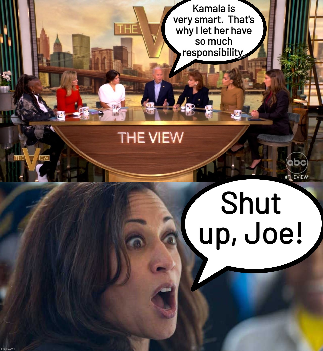 Kamala is trying to distance herself from the wreck she and Joe made of the economy.  And then Joe say this. | Kamala is
very smart.  That's
why I let her have
so much
responsibility. Shut up, Joe! | image tagged in kamala harriss,she cant get away from the wreck she caused | made w/ Imgflip meme maker