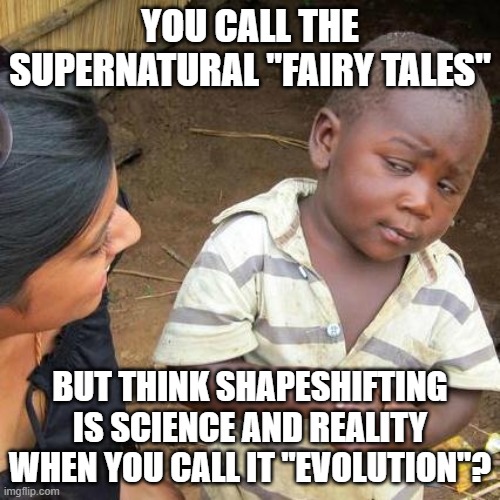 Third World Skeptical Kid | YOU CALL THE SUPERNATURAL "FAIRY TALES"; BUT THINK SHAPESHIFTING IS SCIENCE AND REALITY WHEN YOU CALL IT "EVOLUTION"? | image tagged in memes,third world skeptical kid,evolution,human evolution,atheism | made w/ Imgflip meme maker