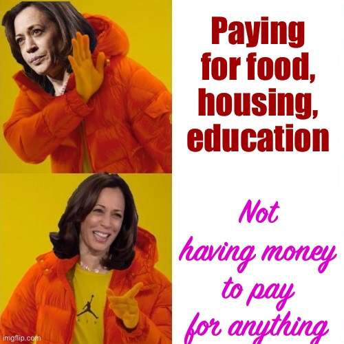 Don’t worry, she’ll make sure you never pay for anything again | Paying for food, housing, education; Not having money to pay for anything | image tagged in kamala harris hotline bling,inflation,bankruptcy,welfare | made w/ Imgflip meme maker