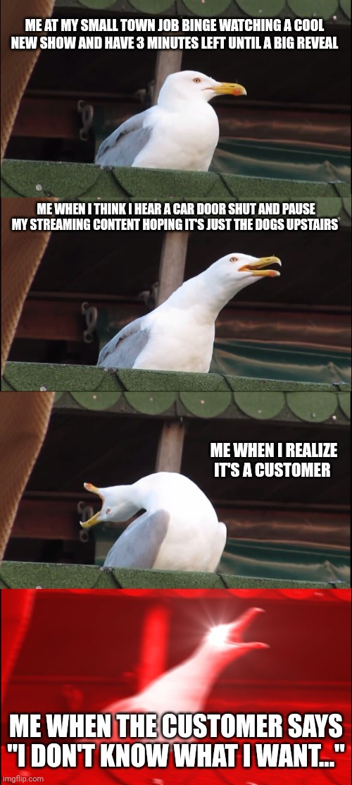 They are just going to buy Busch Light like ALWAYS! | ME AT MY SMALL TOWN JOB BINGE WATCHING A COOL NEW SHOW AND HAVE 3 MINUTES LEFT UNTIL A BIG REVEAL; ME WHEN I THINK I HEAR A CAR DOOR SHUT AND PAUSE MY STREAMING CONTENT HOPING IT'S JUST THE DOGS UPSTAIRS; ME WHEN I REALIZE IT'S A CUSTOMER; ME WHEN THE CUSTOMER SAYS "I DON'T KNOW WHAT I WANT..." | image tagged in memes,funny,funny memes,work,retail,liquor store | made w/ Imgflip meme maker