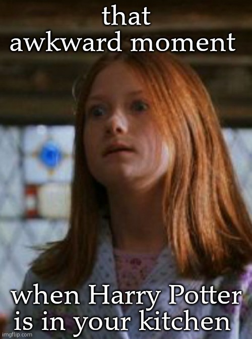 mum have you seen my jumper?*sees Harry.realizes.**deep breath* | that awkward moment; when Harry Potter is in your kitchen | image tagged in ginny weasley,harry potter,stop reading the tags | made w/ Imgflip meme maker