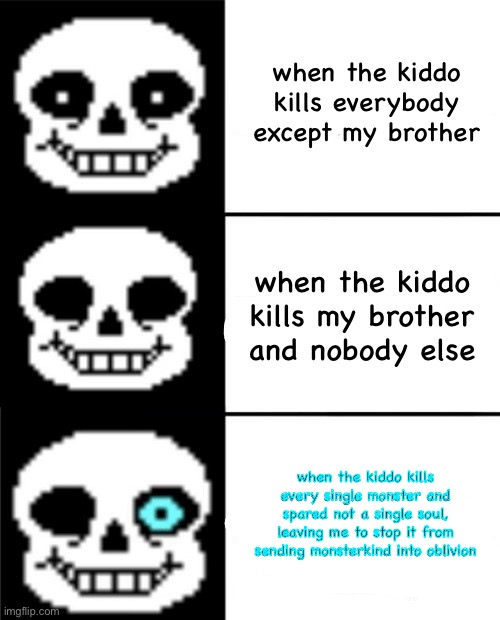 in our timeline the kiddo’s a pacifist so no worries. | when the kiddo kills everybody except my brother; when the kiddo kills my brother and nobody else; when the kiddo kills every single monster and spared not a single soul, leaving me to stop it from sending monsterkind into oblivion | image tagged in sans,sans undertale,comic sans,undertale sans,why are you reading the tags | made w/ Imgflip meme maker