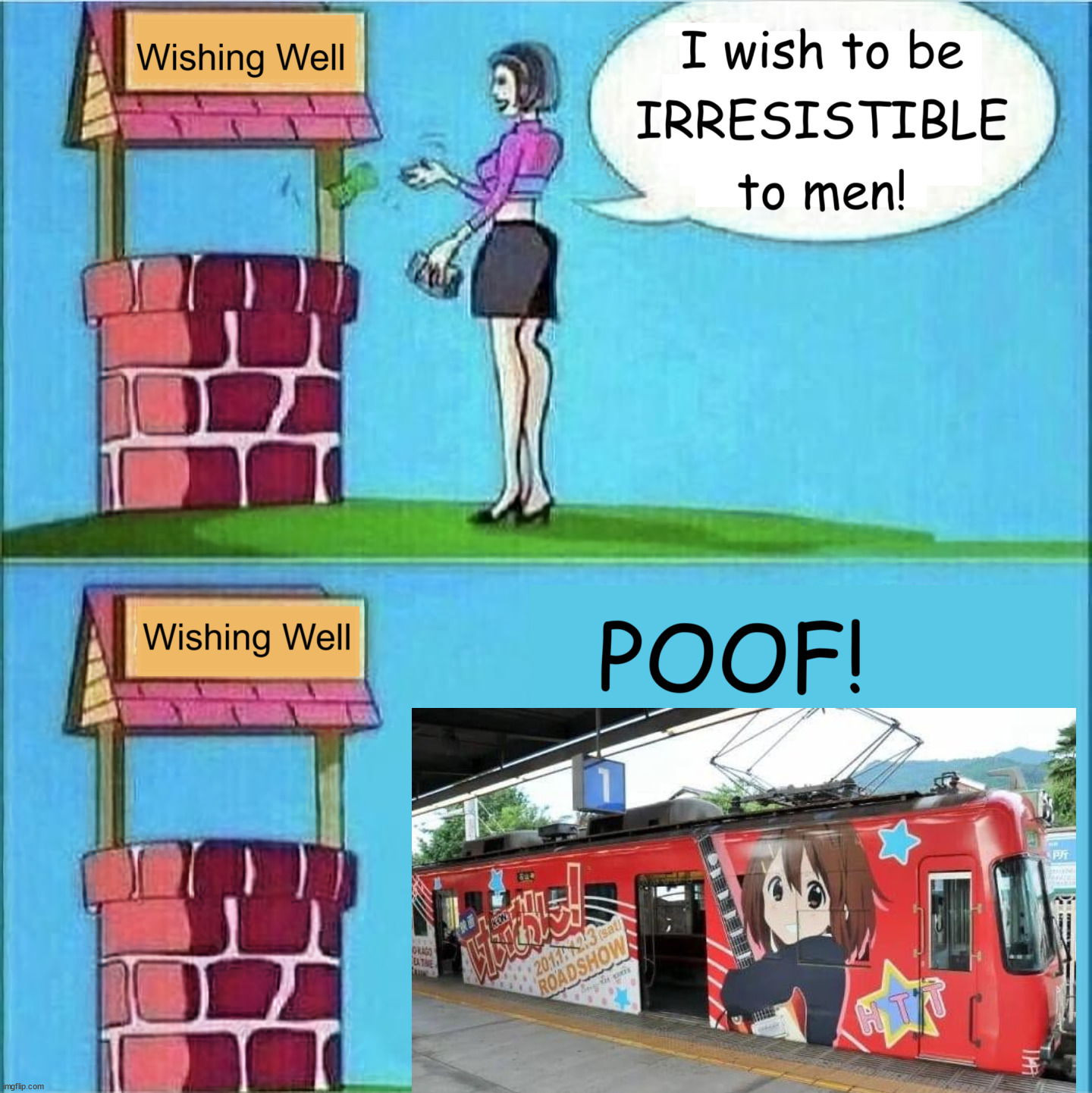 Yui rail. Bottom text. | image tagged in k-on,anime,train,public transport,awesome,wtf | made w/ Imgflip meme maker