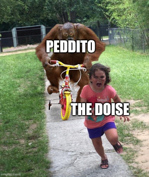 Orangutan chasing girl on a tricycle | PEDDITO; THE DOISE | image tagged in orangutan chasing girl on a tricycle,pizza tower | made w/ Imgflip meme maker